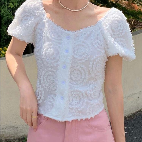 Solid Button Front Puff Sleeve Lace Trim Blouse - Picture 5 of 7